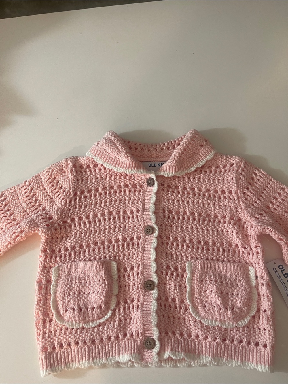 Old Navy Pink Crochet Cardigan with White Trim